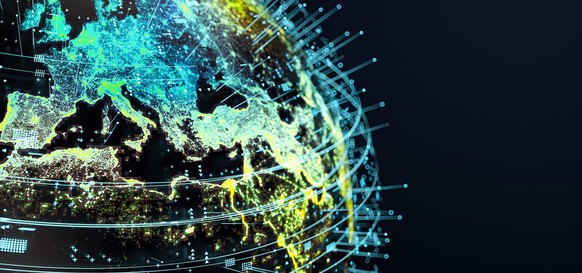 Digital Globe over Europe with Glowing Data Points and Lines, 3D Render.