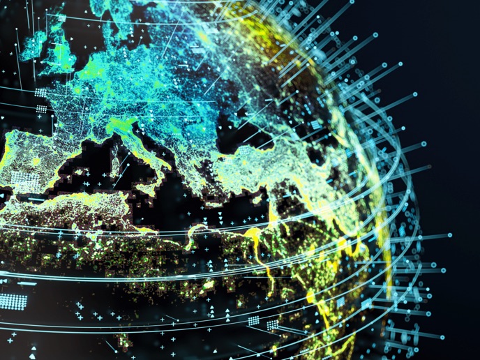 Digital Globe over Europe with Glowing Data Points and Lines, 3D Render.