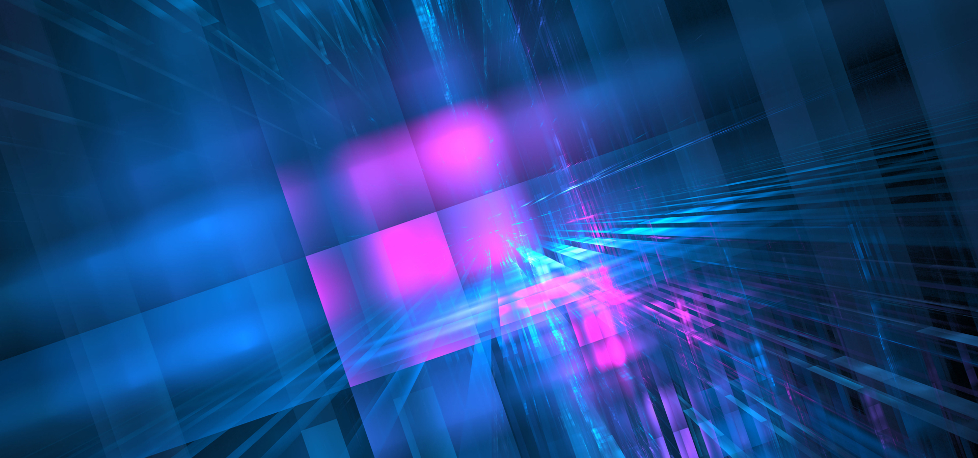 Abstract composition of layered squares featuring magenta and blue shapes.