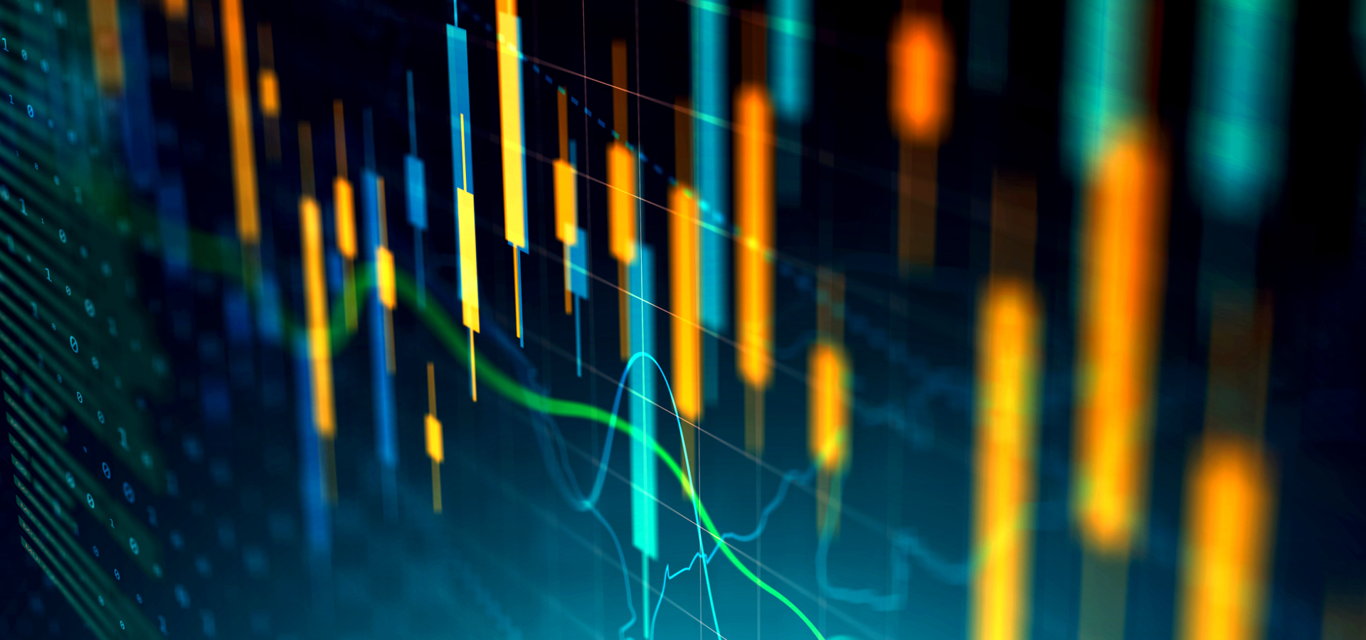 Abstract financial markets composition featuring contrasting blue, green and yellow bar chart shapes.