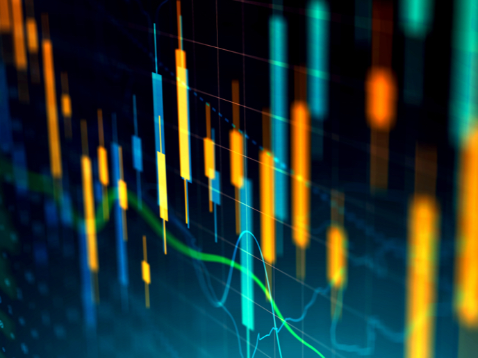 Abstract financial markets composition featuring contrasting blue, green and yellow bar chart shapes.