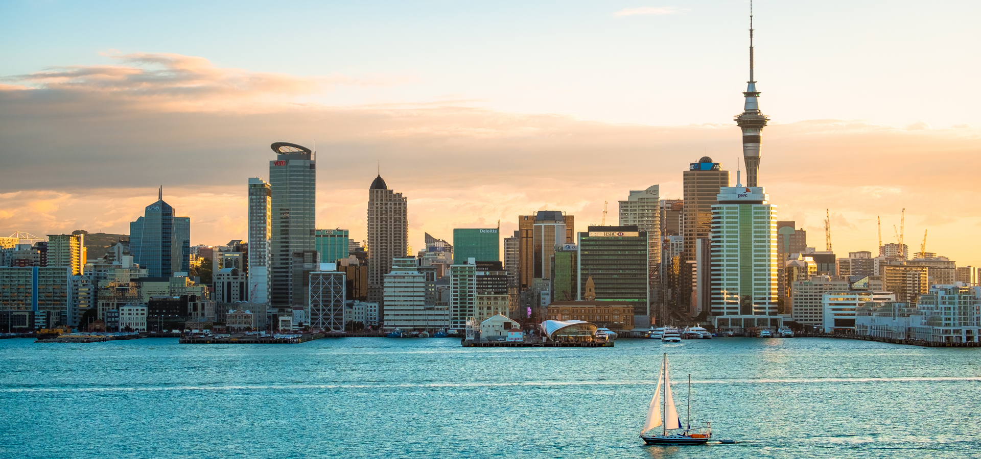 Skyline view of the buildings in Auckland, New Zealand along the water before sunset.