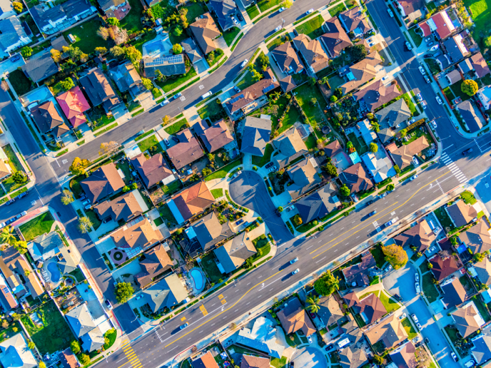 Aerial view of suburban neighborhoods.