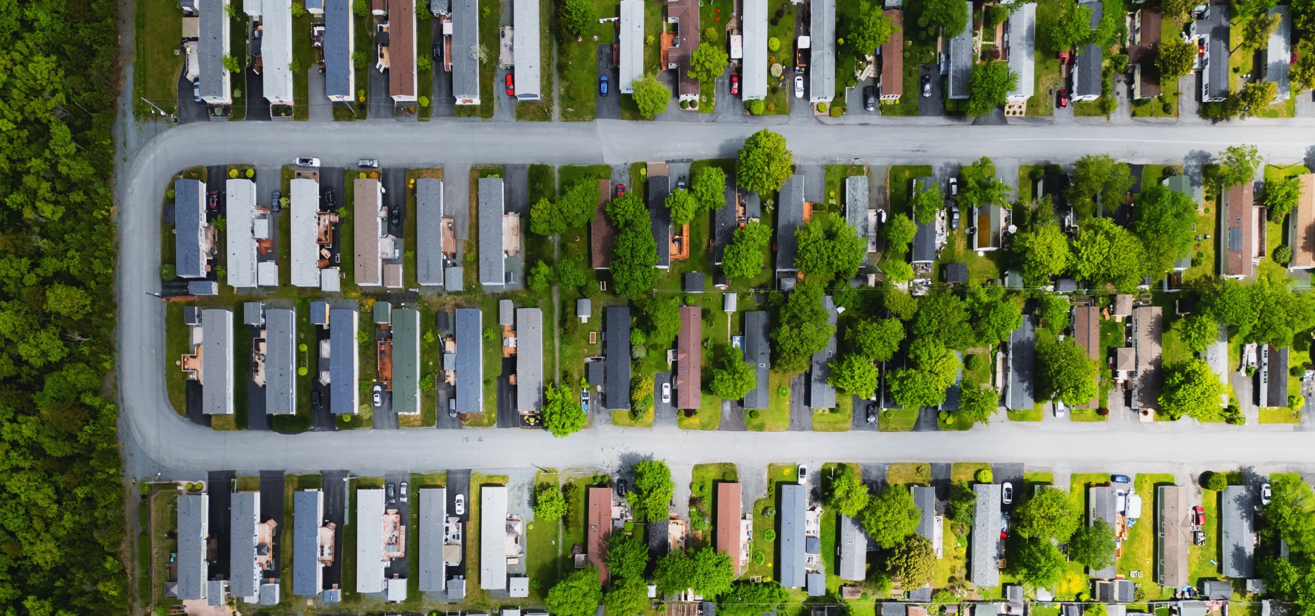 Aerial view of a modular home community.