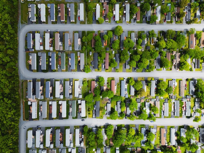 Aerial view of a modular home community.