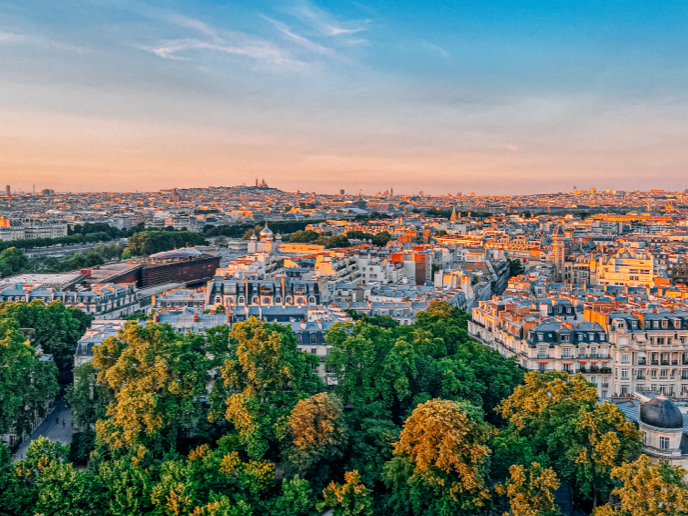 Aerial view of Paris, France with lush green trees at sunset.