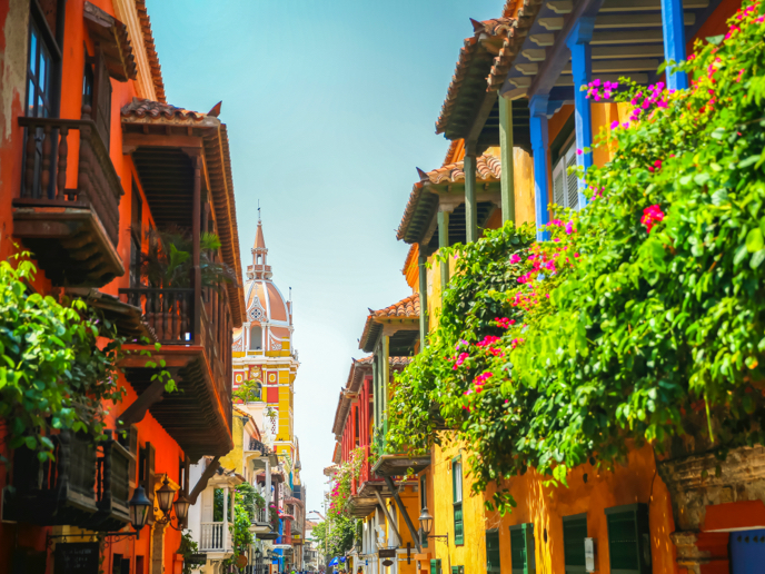 Street view of the colorful houses in old town of Cartagena, Columbia.