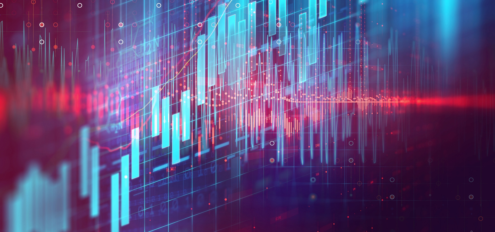 Abstract financial markets composition featuring contrasting aqua and magenta line and bar chart shapes.
