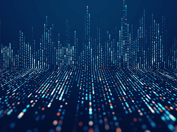 Abstract composition of dots to relay big data and technology featuring blue white shapes.