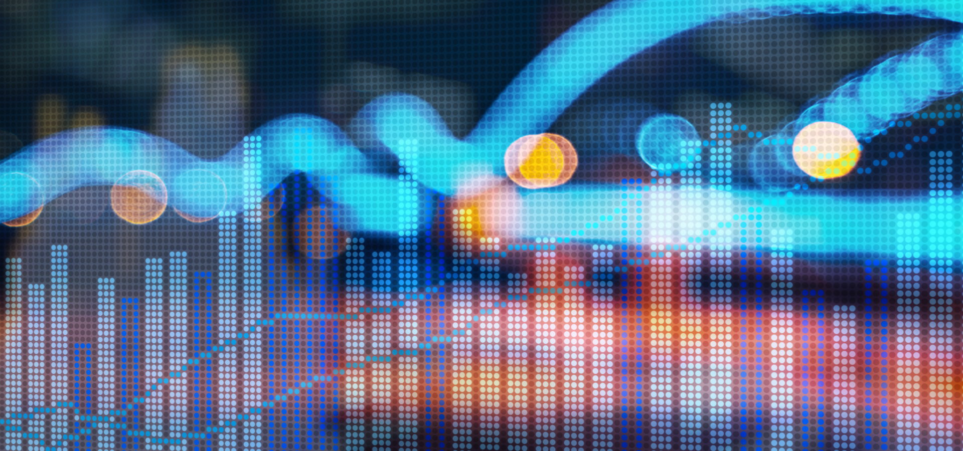Abstract financial markets composition featuring contrasting blue and yellow bar chart shapes.