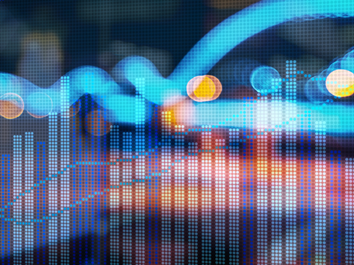 Abstract financial markets composition featuring contrasting blue and yellow bar chart shapes.