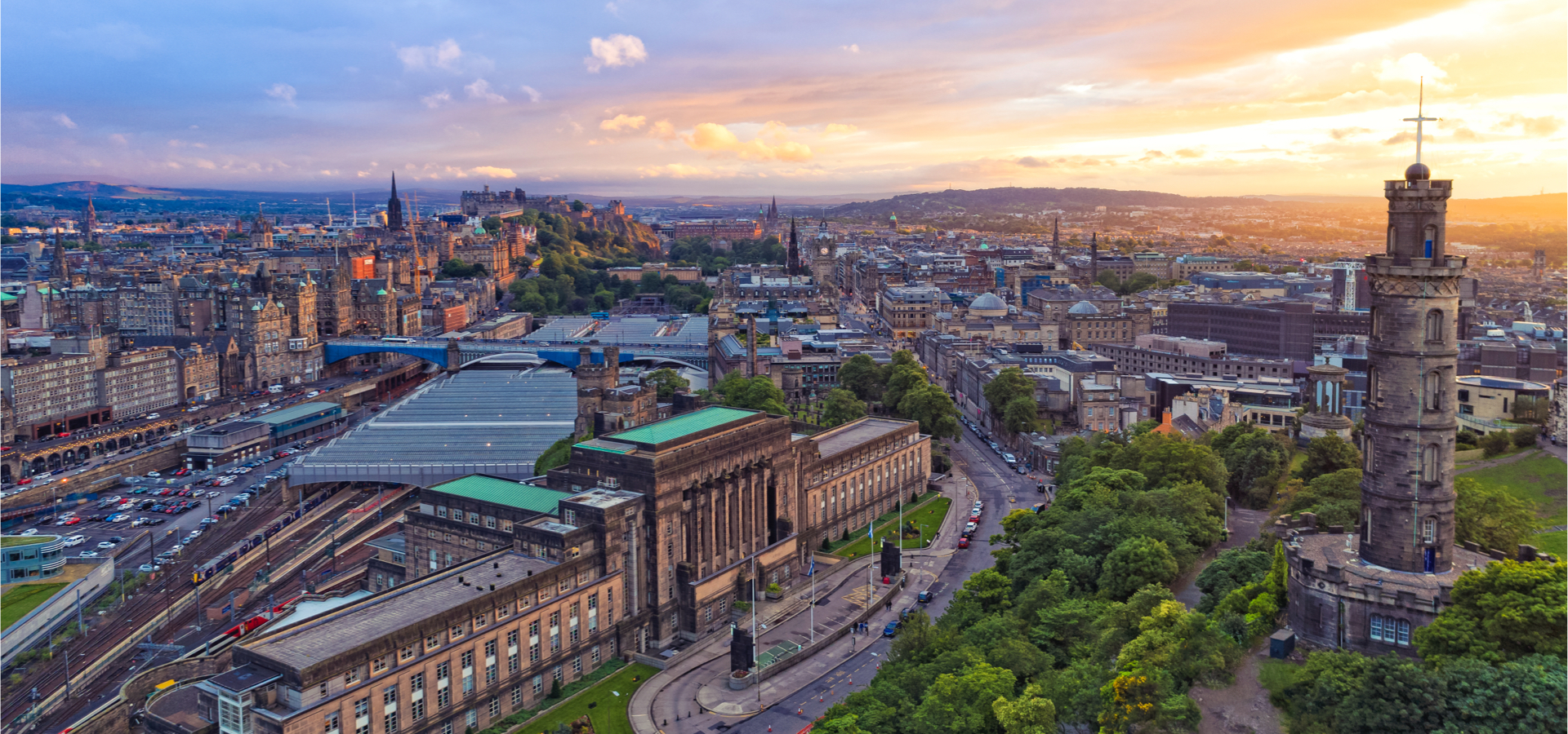 Aerial view of Edinburgh during sunset.