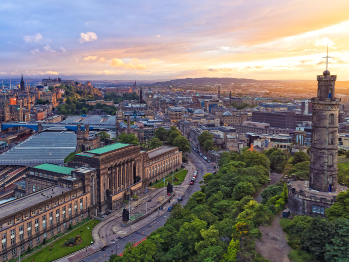 Aerial view of Edinburgh during sunset.