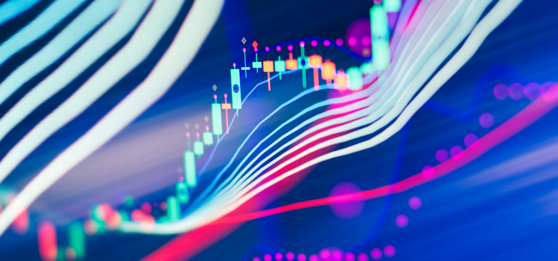 Neon blue and pink chart of stock market investment trading. 