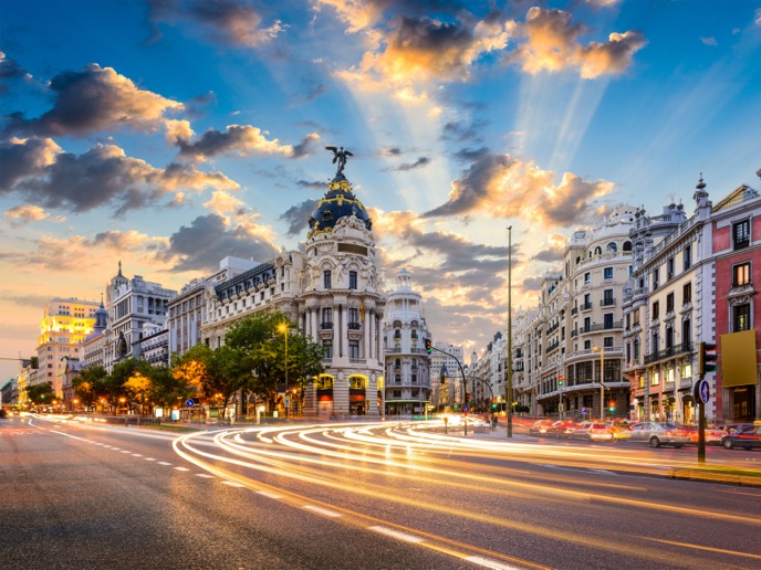 Madrid, Spain cityscape at sunset