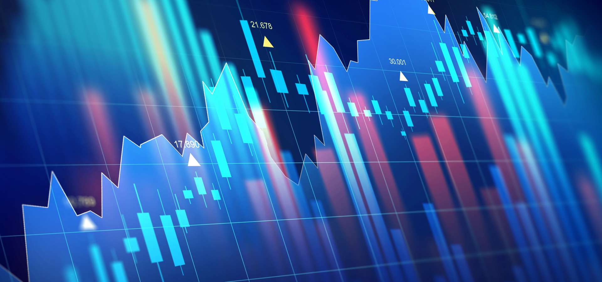 Abstract financial chart with blue, purple and green accent colors.