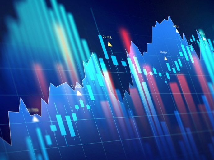 Abstract financial chart with blue, purple and green accent colors.