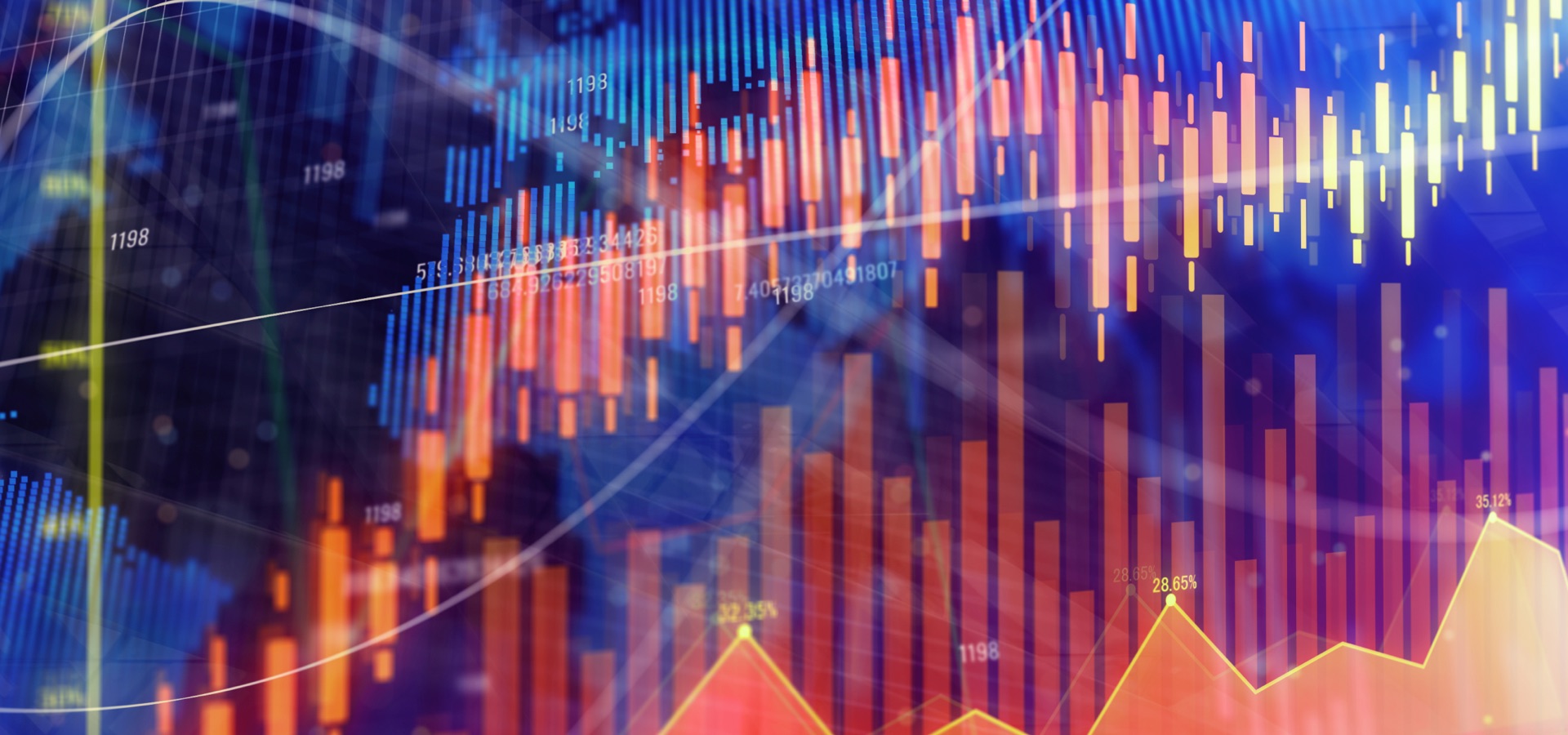 Abstract financial chart with orange, purple and pink accent colors.