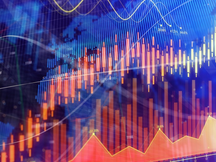 Abstract financial chart with orange, purple and pink accent colors.
