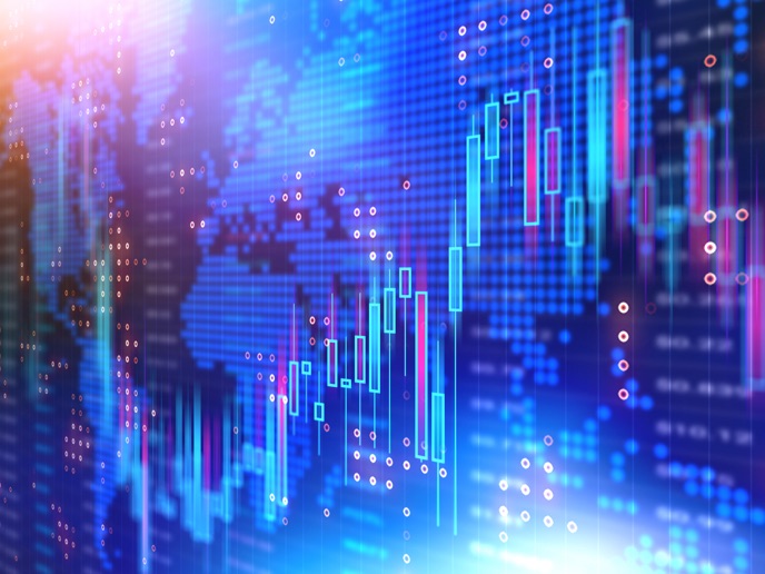 Abstract financial chart featuring blue and purple lines.