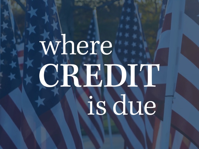 Where Credit is Due text on top of an American flag scene