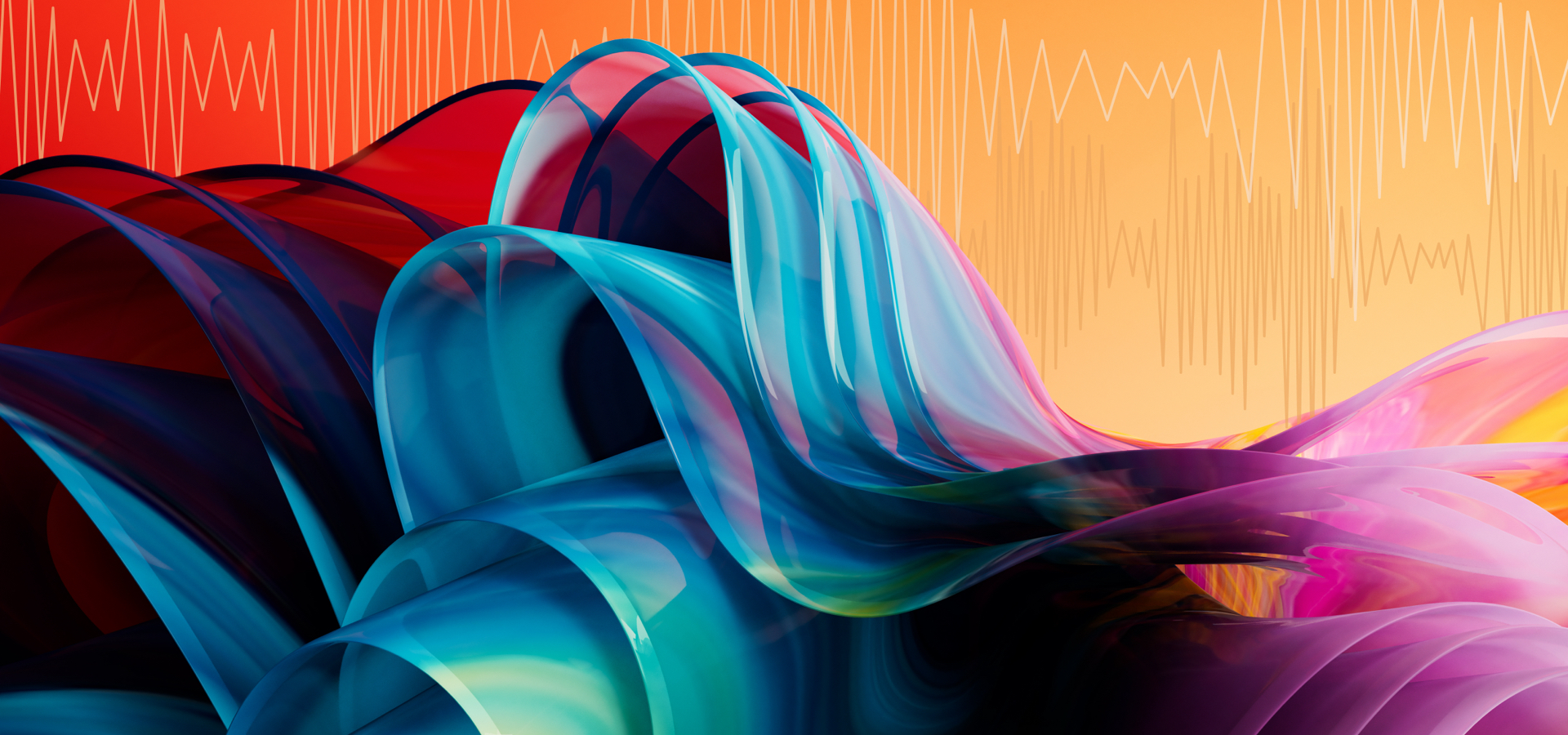 Abstract waves in blue and purple hues on a orange and yellow background.