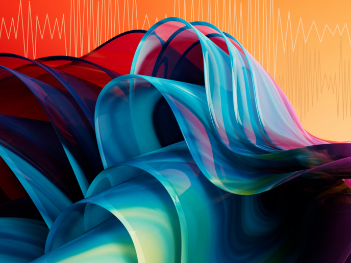 Abstract waves in blue and purple hues on a orange and yellow background.