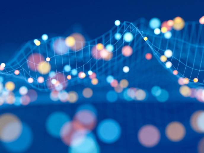 Abstract composition of dots to relay data connection featuring blue, pink and white dots.