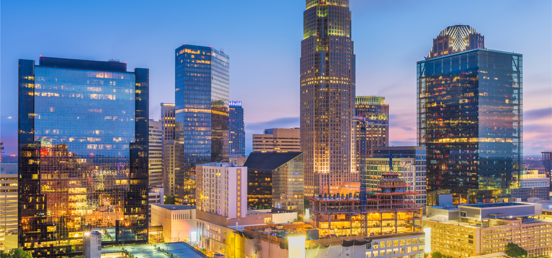 Skyline view of Charlotte, North Carolina at twilight.