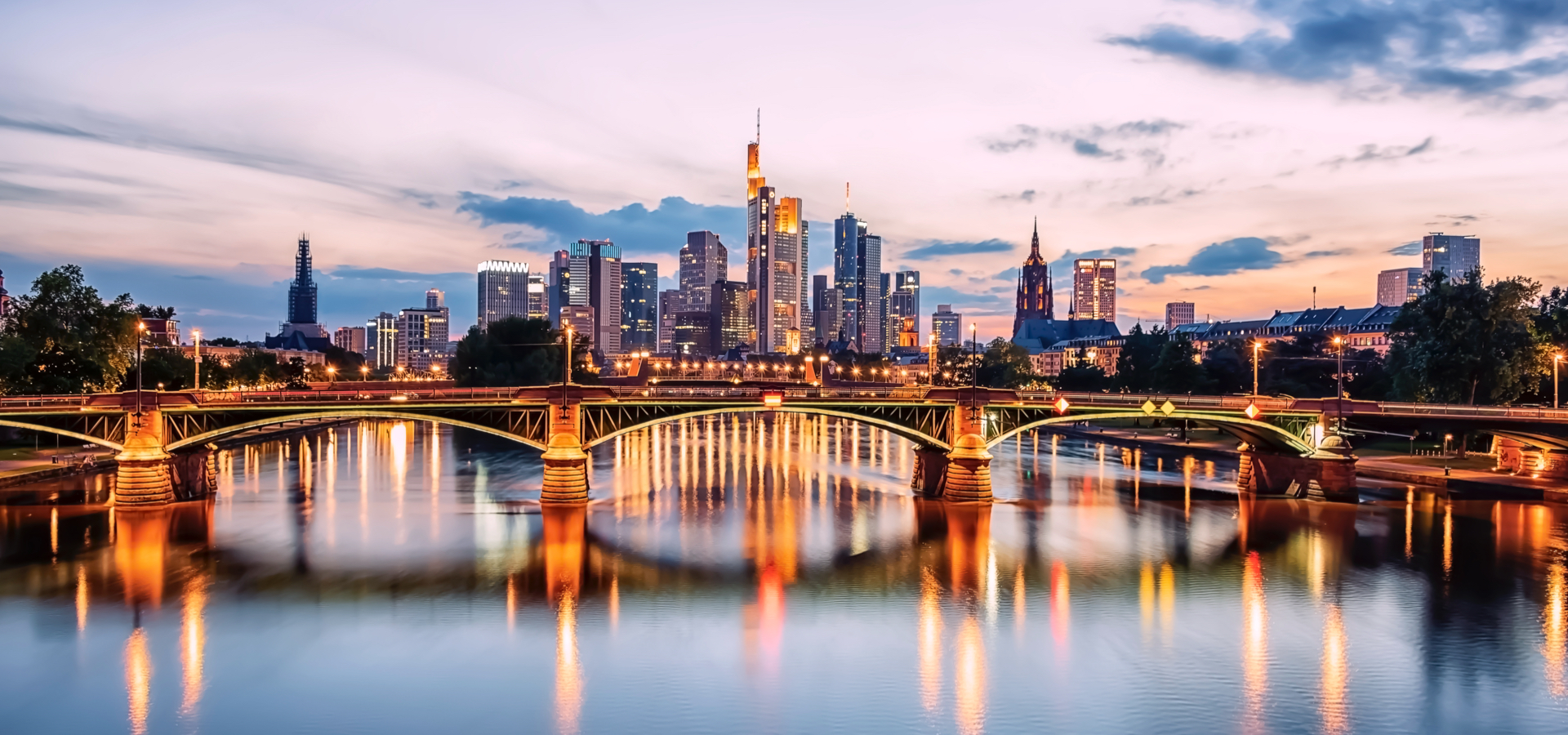 Business district of Frankfurt, Germany at dusk.