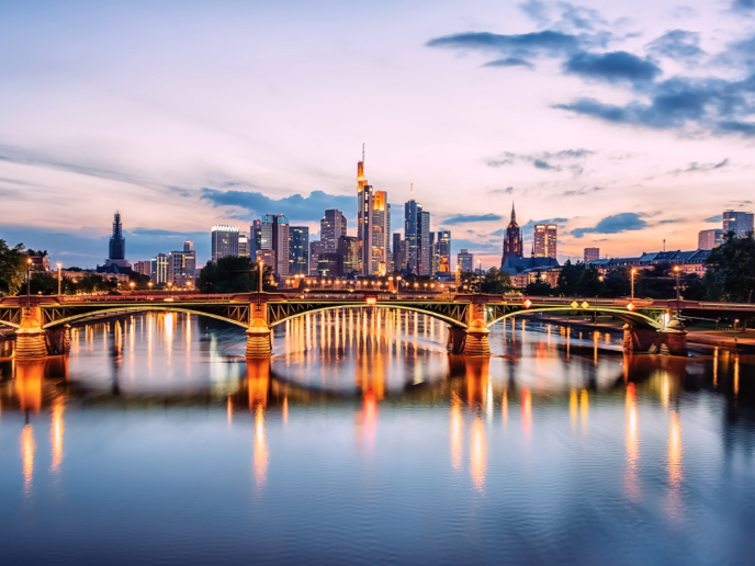 Business district of Frankfurt, Germany at dusk.