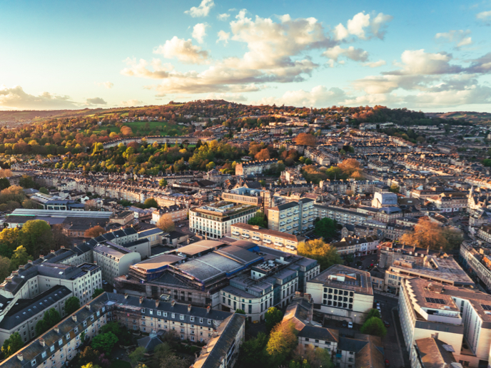 Aerial view of the houses in the city of Bath, United Kingdom.