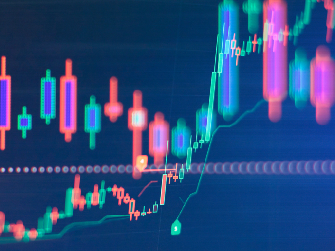 Abstract financial markets composition featuring contrasting teal, red and purple bar chart shapes.