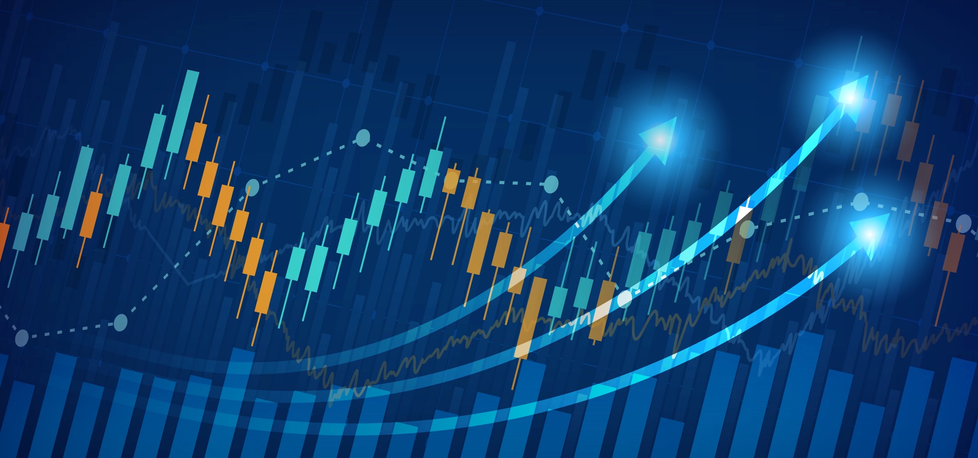 Three arrows pointing upwards in front of a financial chart.