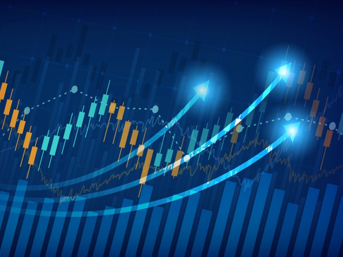 Three arrows pointing upwards in front of a financial chart.