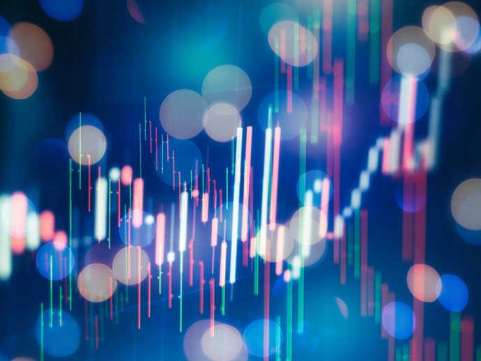 Abstract financial markets composition featuring contrasting colorful dots and a light purple line chart.