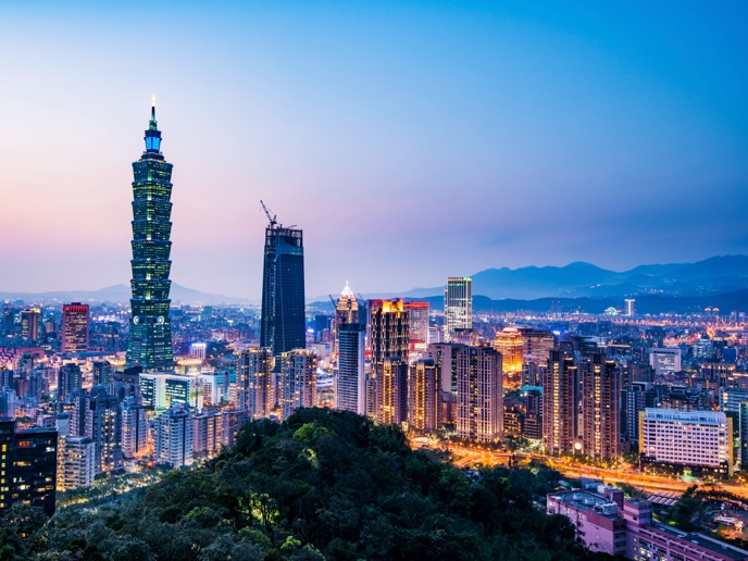 Skyline view of Taipei, Taiwan at twilight. 