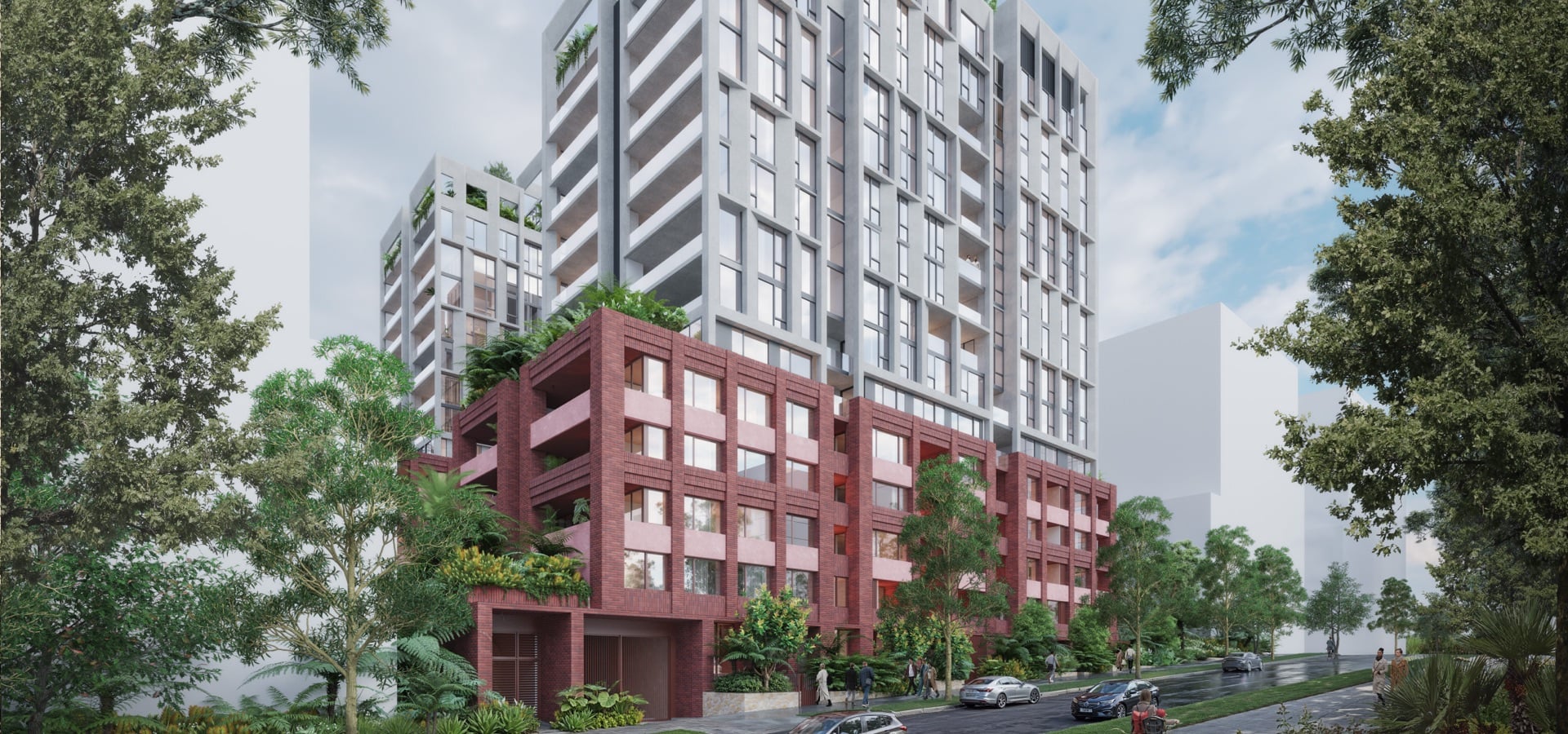 A residential building with trees and a courtyard.
